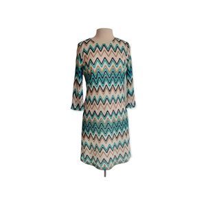 Tacera Dress size small white teal and tan
